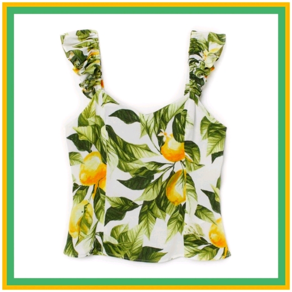 H&M Tops - Tropical Lemon Print Ruffle Trim Summer Top